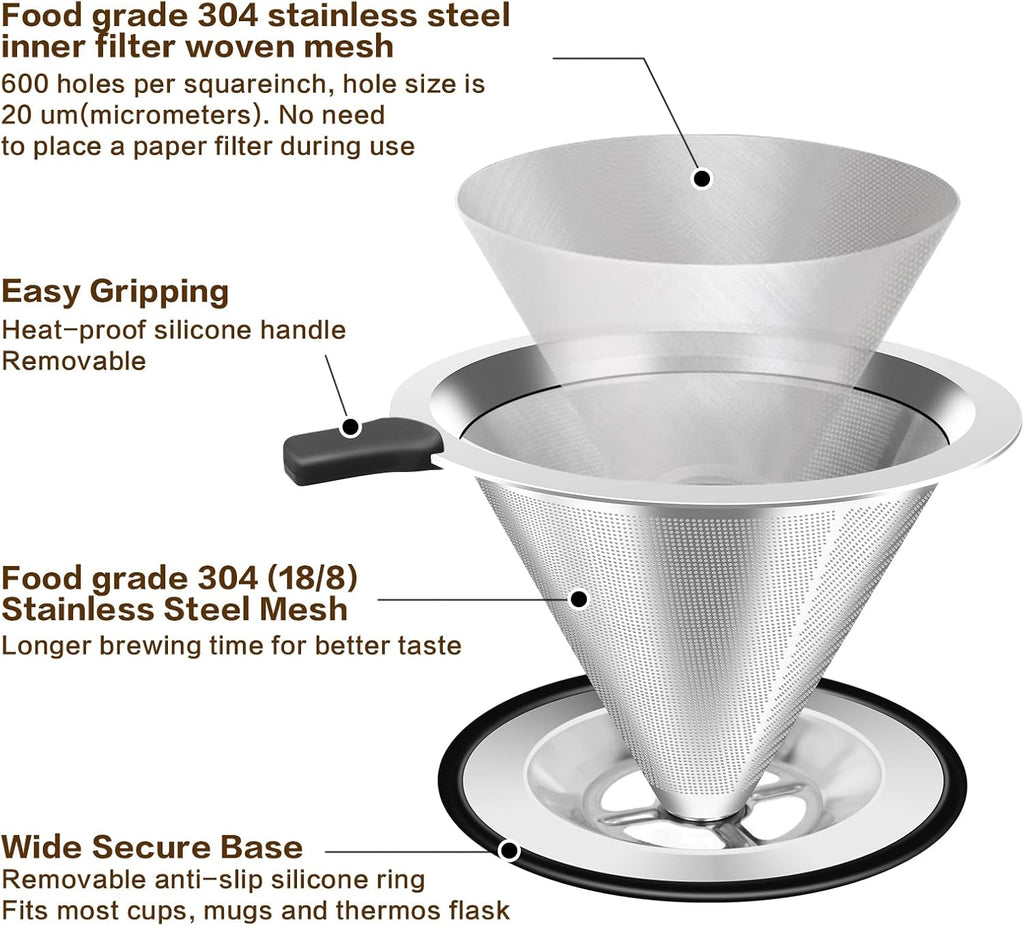 Pour Over Coffee Dripper, Stainless Steel Coffee Filter, Paperless Reusable Coffee Filter, Double Micromesh 600 Mesh