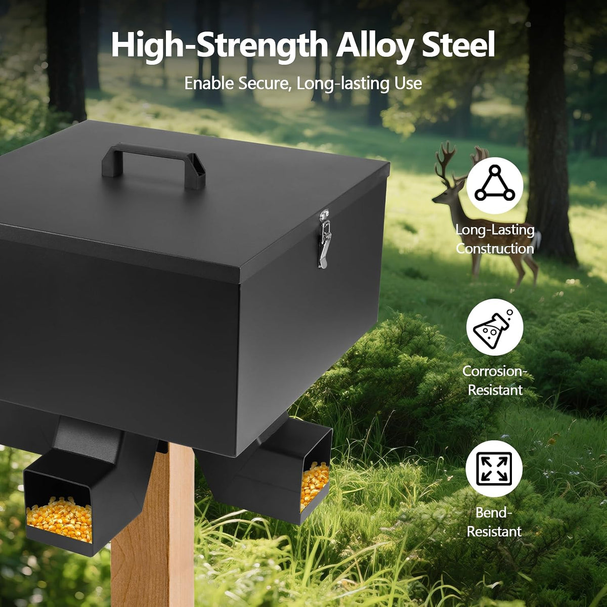 Portable 80LB Gravity Deer Feeder,Heavy Duty Metal Automatic Deer Feeder with 4 Feed Ports,Weatherproof for Wildlife