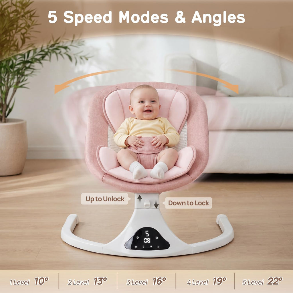 Electric Baby Swing with Remote Control,5 Speeds&Portable&Cozy(0-12M,Pink) | Safety lock&secure harness,12