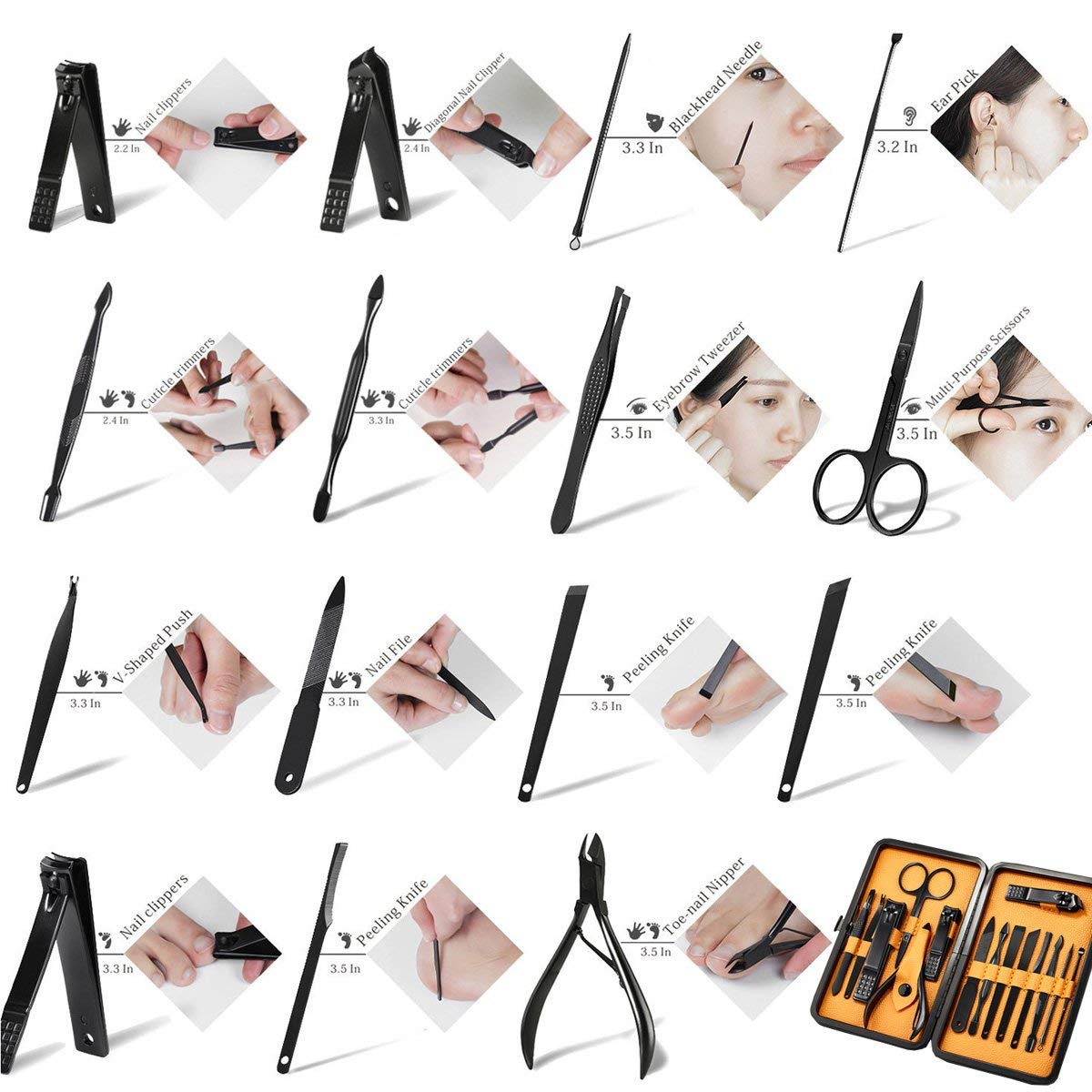 Professional Stainless Steel Nail Clipper Travel & Grooming Kit Nail Tools Manicure & Pedicure Set of 15pcs with