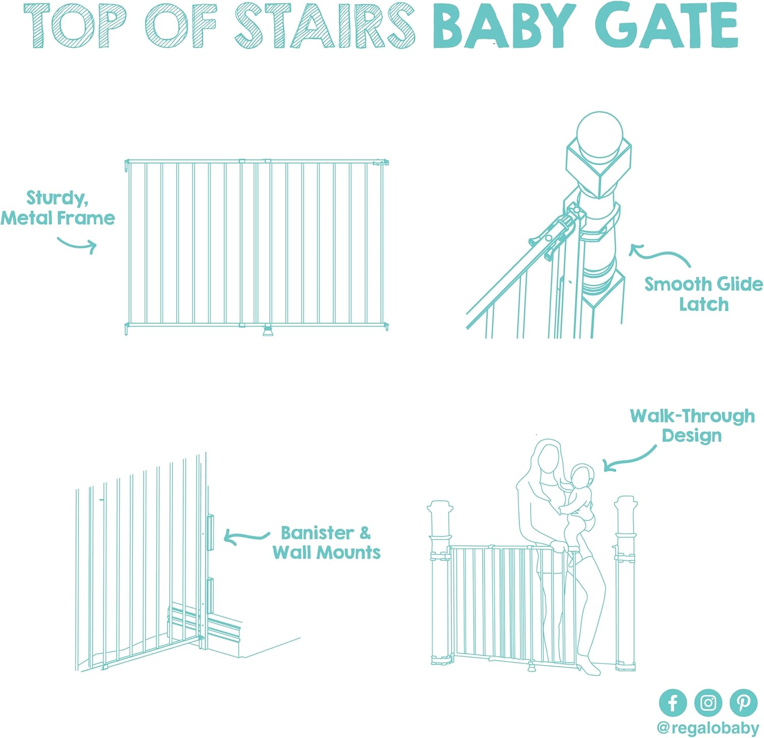 Safety 29-43" Top of Stairs Baby Gate, Extra Wide Baby Gate, Extra Wide Hardware Mounted Stair Gate with Banister &