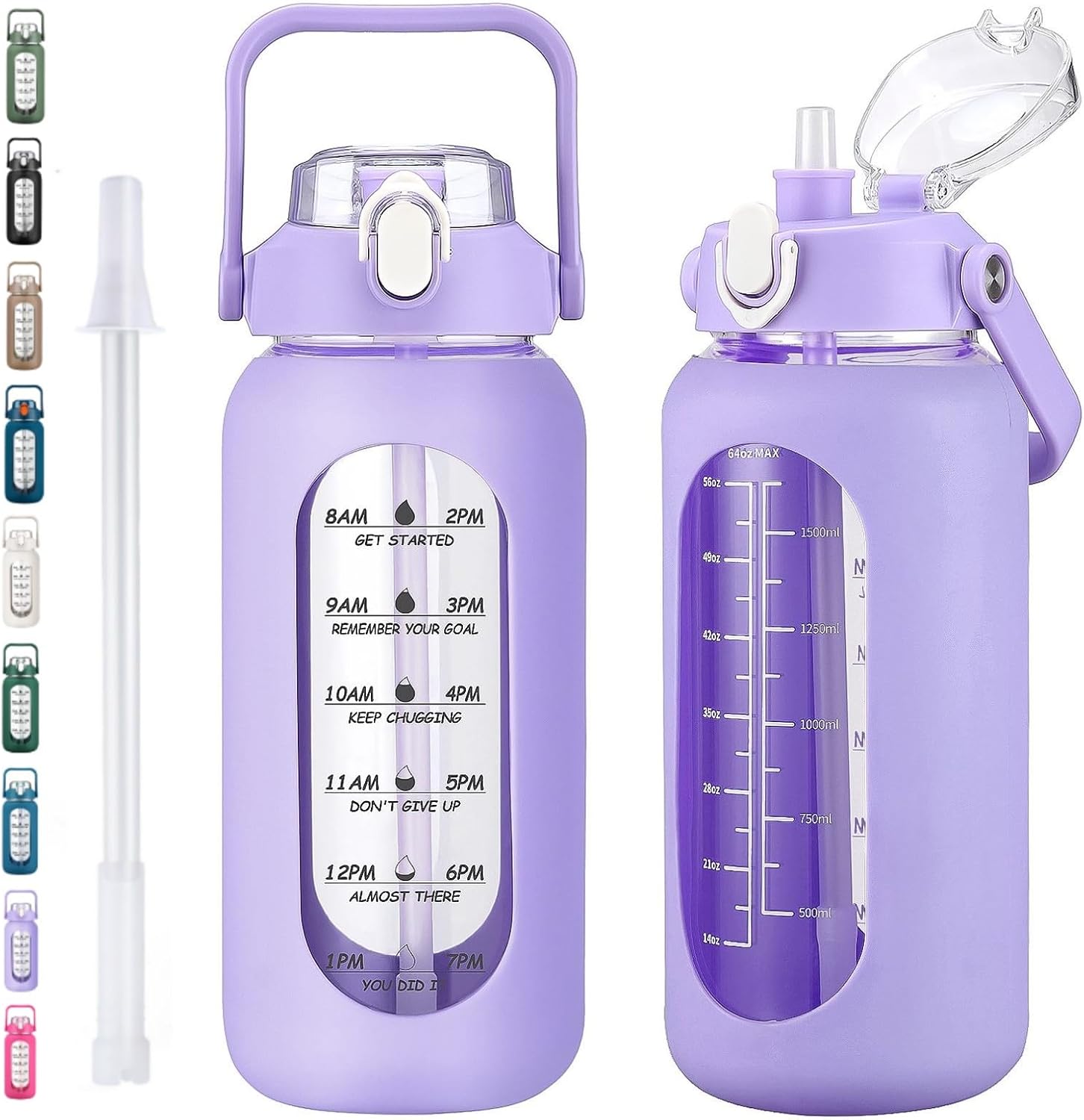 64oz Glass Water Bottles with Straw, Half Gallon Motivational Glass Bottle with Silicone Sleeve and Time Marker, 2L
