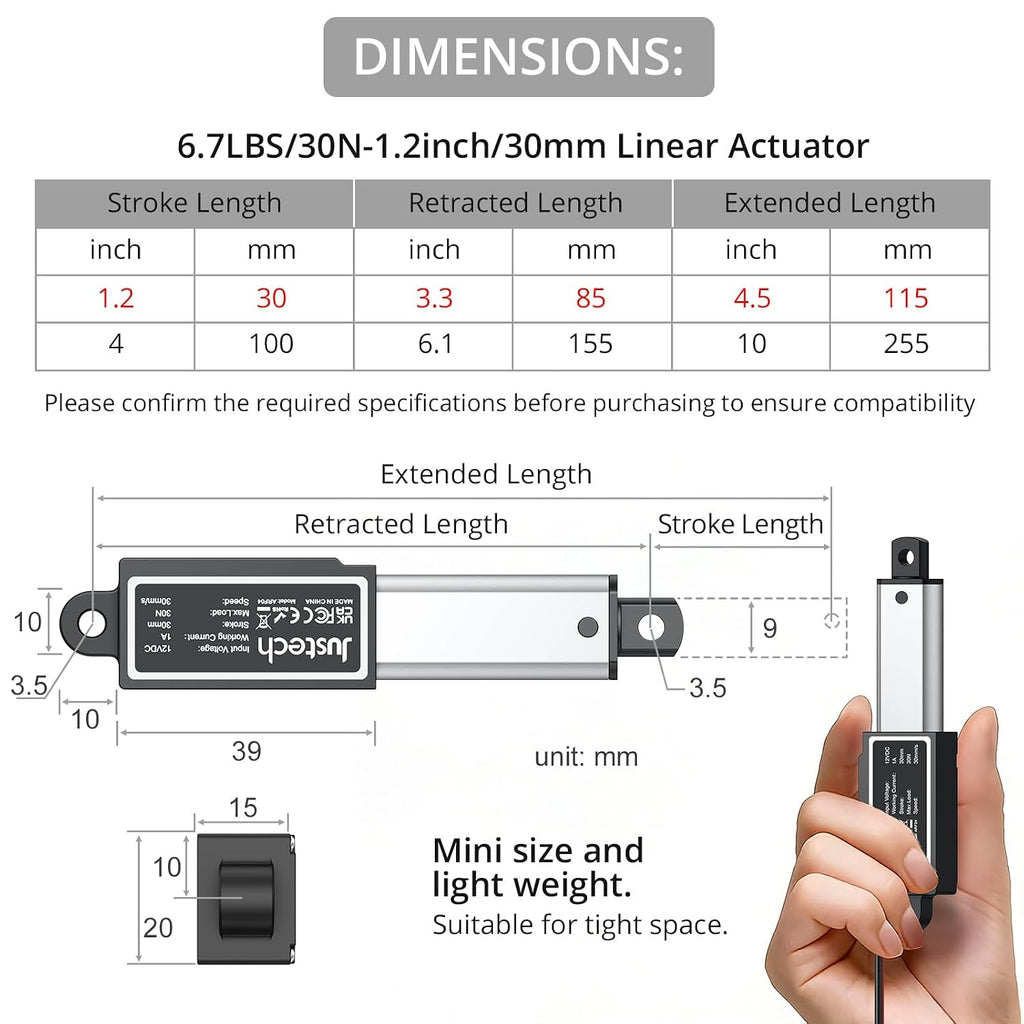 Justech 1.2"/30mm 6.7lbs/30N 12V Mini Linear Actuator, IP54 Rated 30mm/s