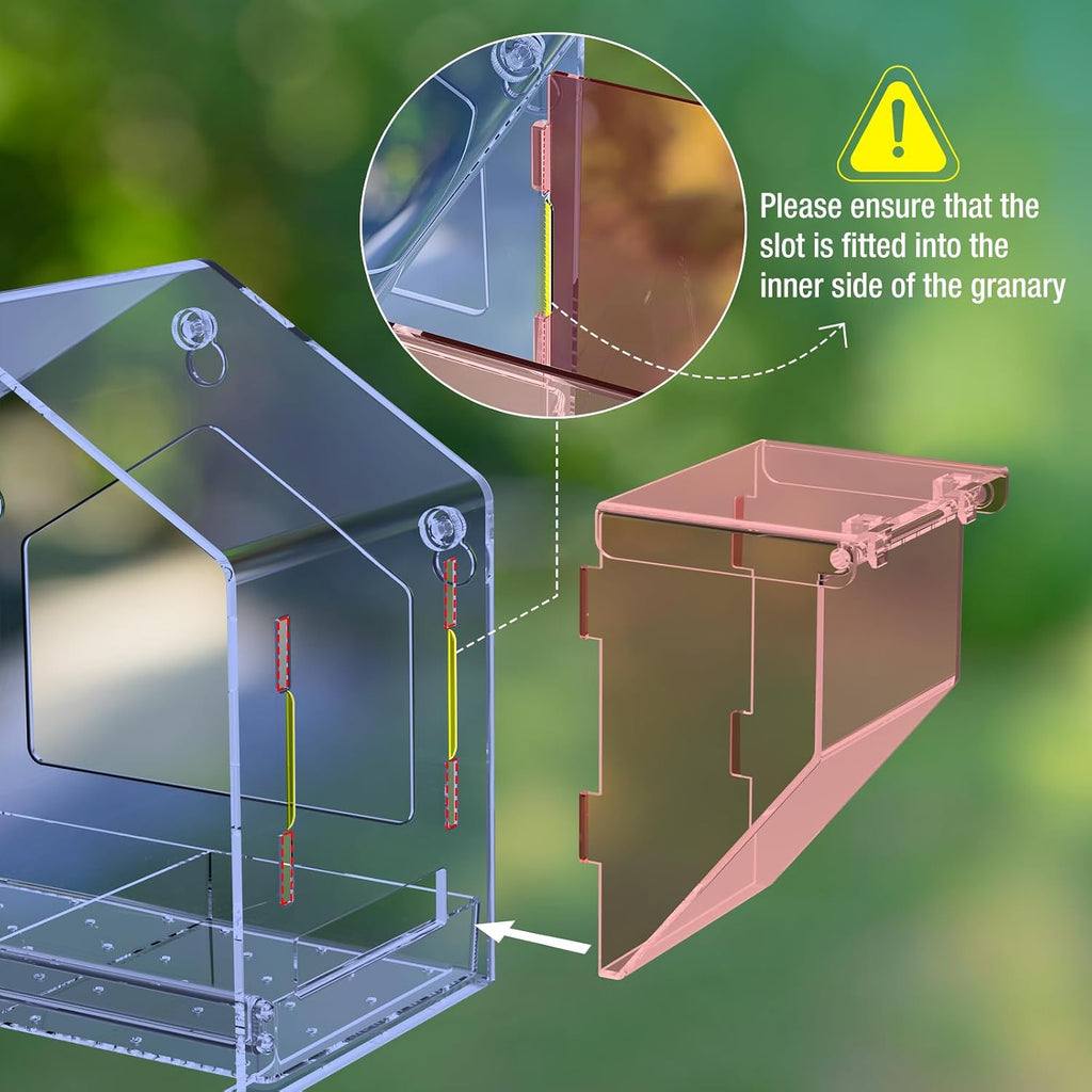 Window Bird Feeder with Dual Side Storage, Strong Suction Cups and Adhesive