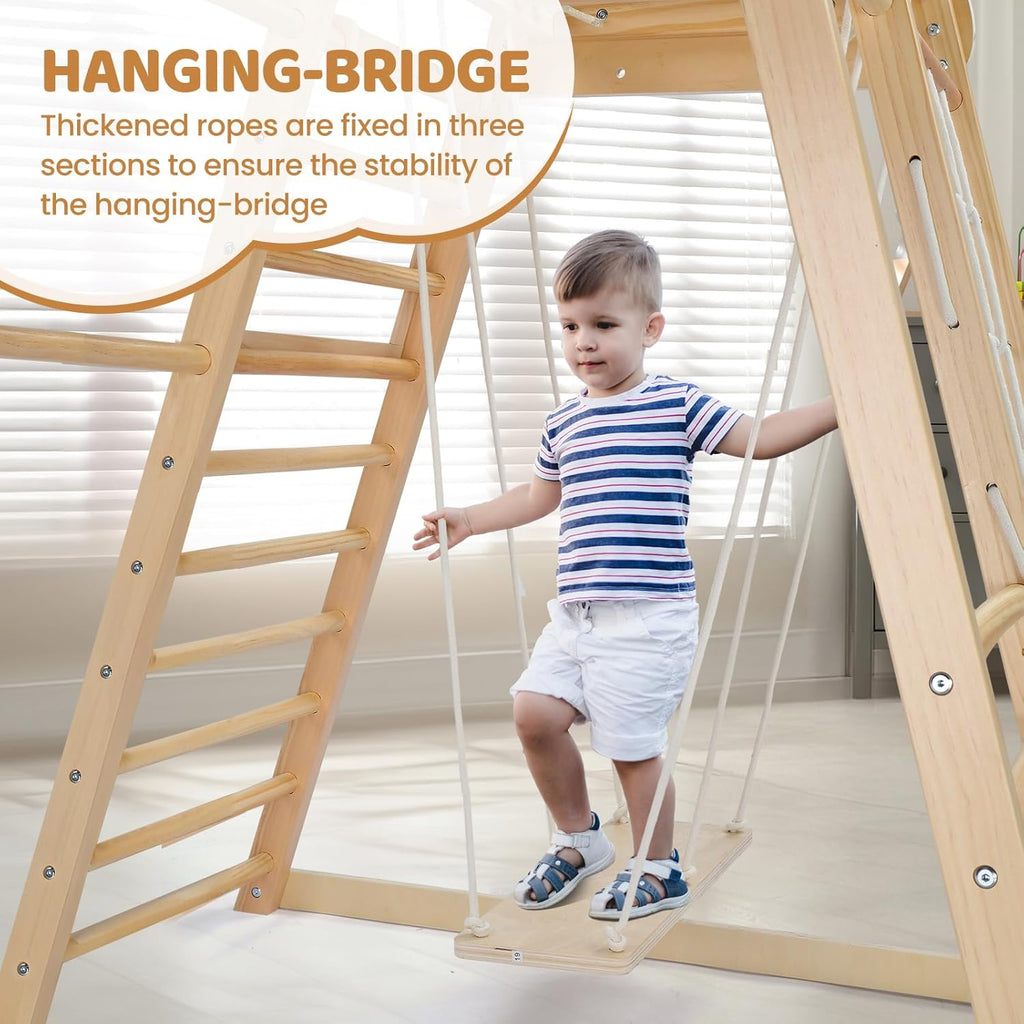 8-in-1 Indoor Jungle Gym for Kids and Toddlers with Hanging-Bridge and Swing, Wooden Indoor Playground with Slide