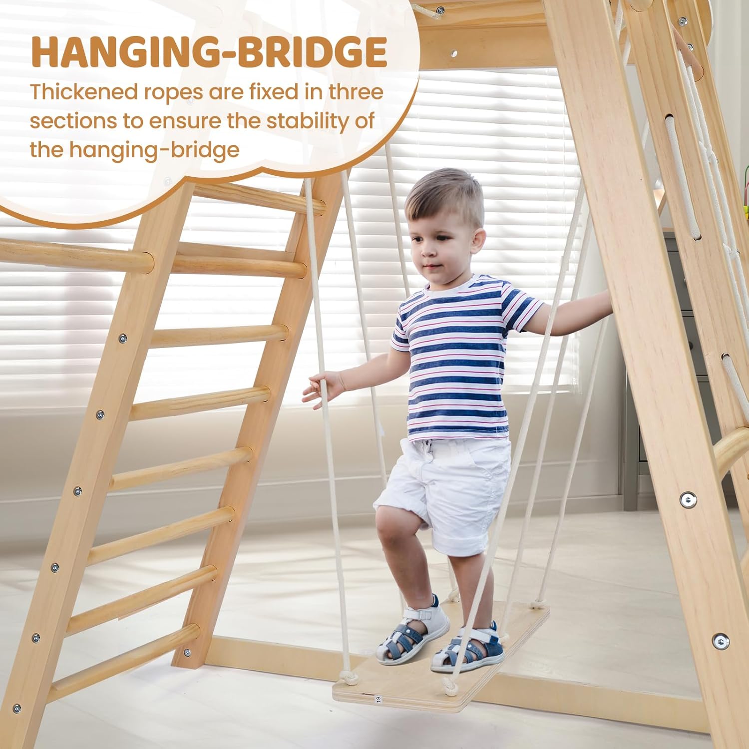 8-in-1 Indoor Jungle Gym for Kids and Toddlers with Hanging-Bridge and Swing, Wooden Indoor Playground with Slide