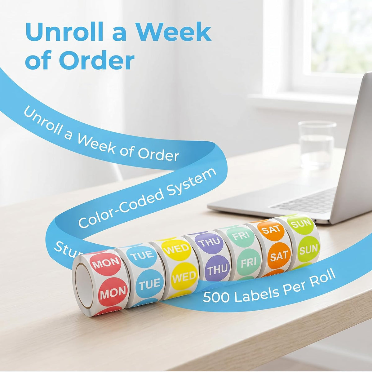 Day of the Week Sticker Labels, 1" Round, 7 Rolls, 500 per Roll