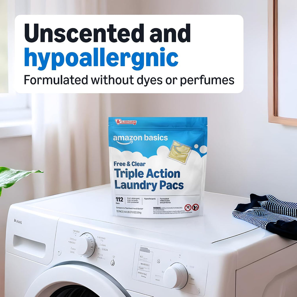 Laundry Detergent Pacs, Free & Clear, Powerful Triple Action, Hypoallergenic, Unscented, 112 Count