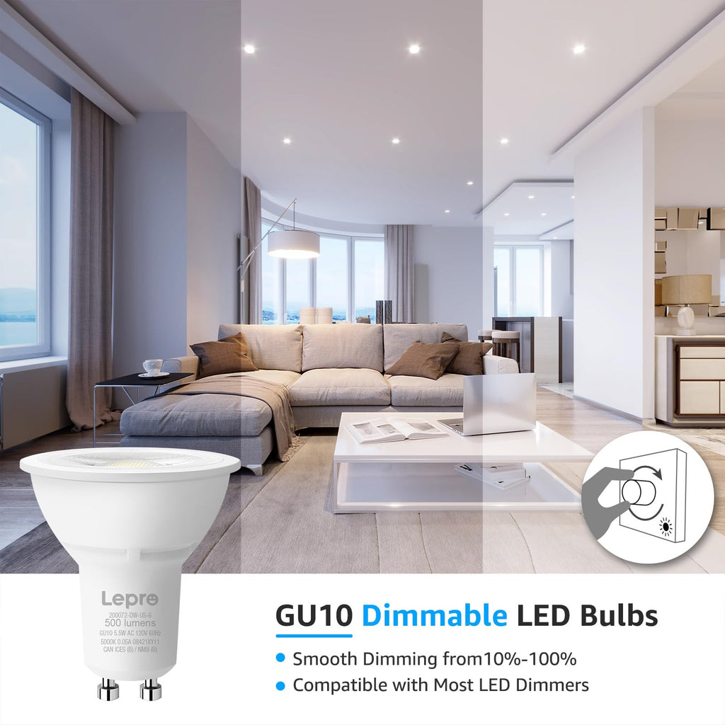 Dimmable GU10 LED Light Bulbs 5.5W 500LM 5000K Daylight White 6 Pack