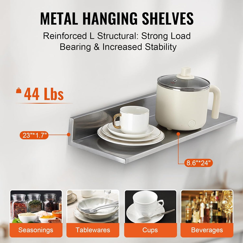 8.6" x 24" -2Pack Stainless Steel Shelf, Wall Mounted Floating Shelving with Backsplash, 44 lbs Load Capacity