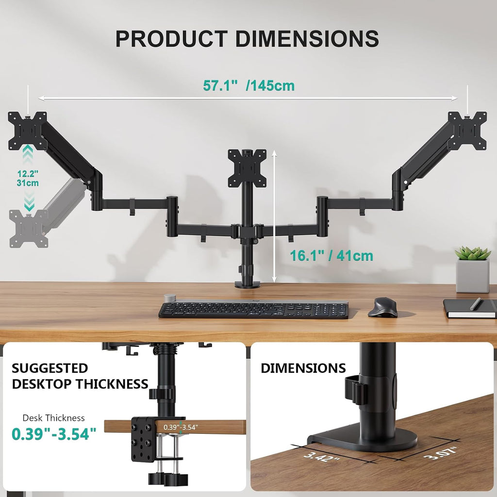 Triple Monitor Mount for 13-32 inch Screens, up to 17.6 lbs per Arm | Adjustable 3 Monitor Desk Mount with Swivel