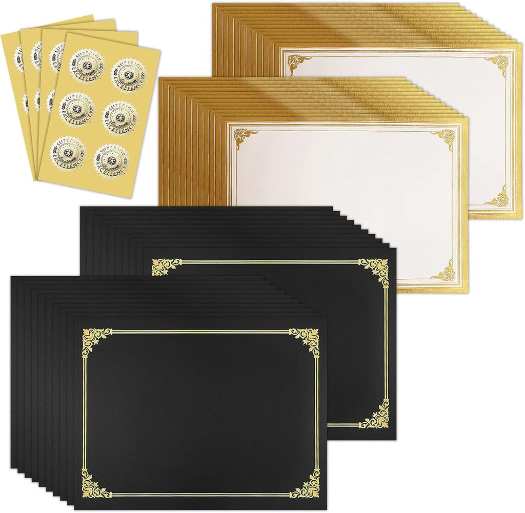 75pcs Certificate Kit, Includes 25pcs Black Certificate Holders & 25pcs Letter Size Certificate Papers & 25pcs Gold