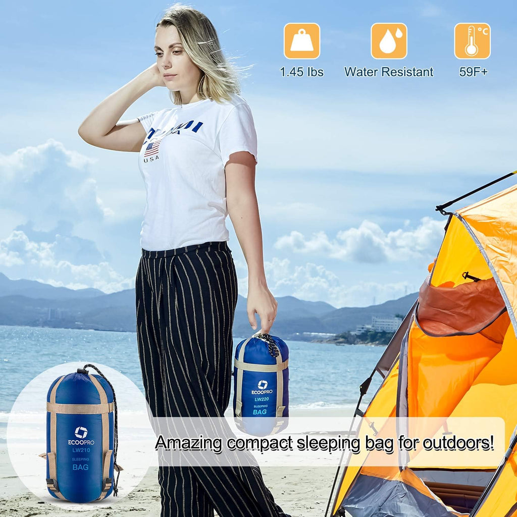 Warm Weather Sleeping Bag - Portable, Waterproof, Compact Lightweight, Comfort with Compression Sack - Great for
