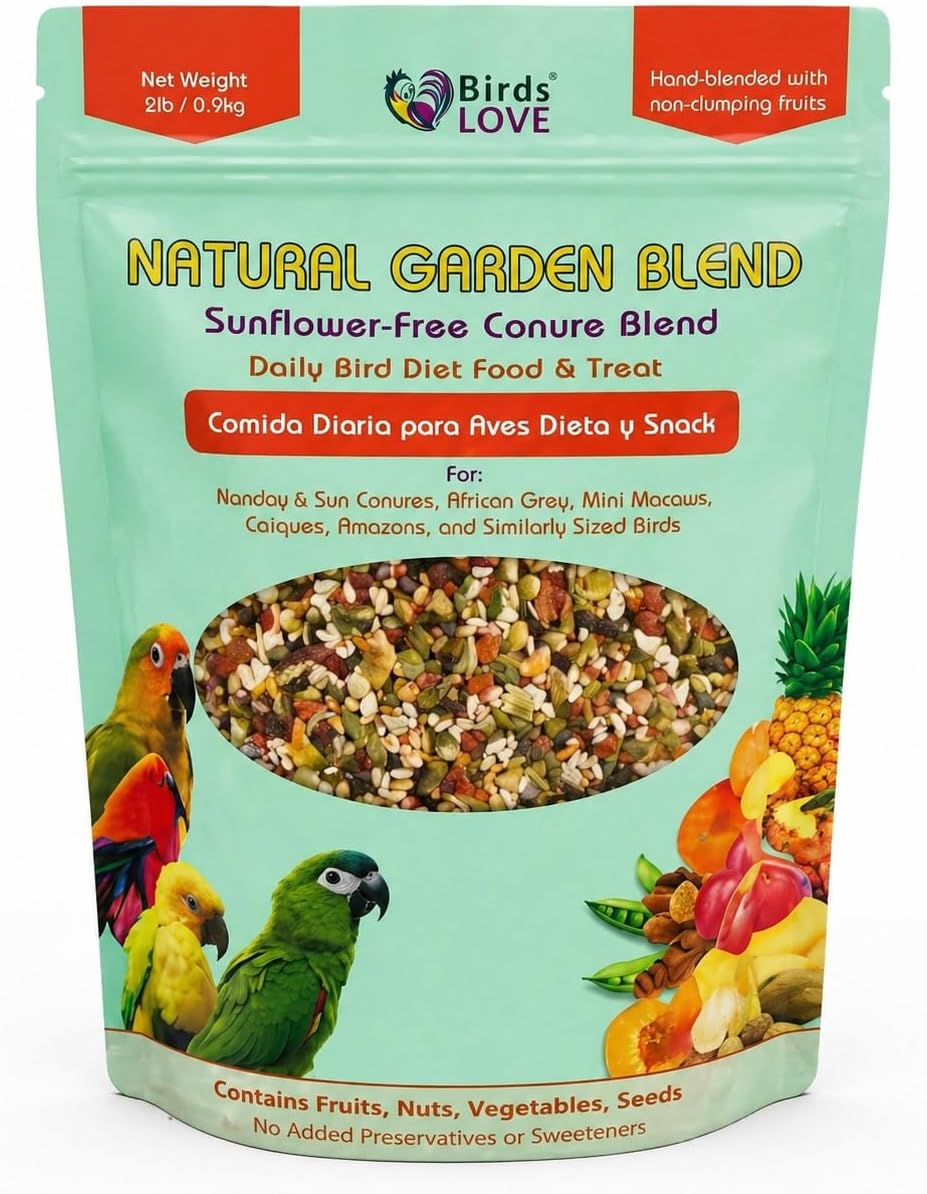 Natural Garden Blend Conure Food, Sunflower Free Bird Seed Mix with Fruits, Nuts, Vegetables and Seeds, All Natural