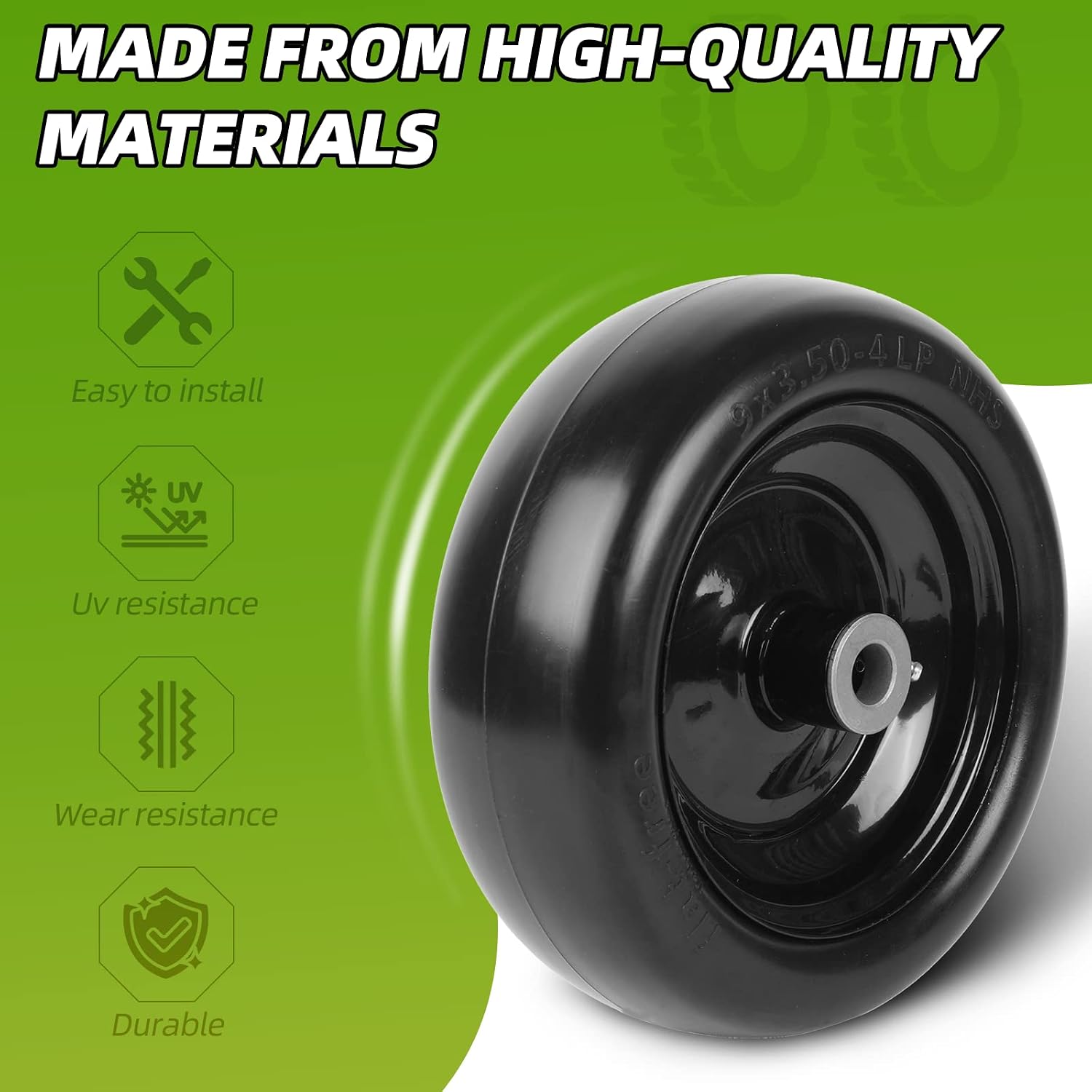 (2-Pack) 9x3.50-4” Flat Free Lawnmower Tire and Wheel Assemblies - PU Tire on Wheel and Adapter Kits with 3.5"
