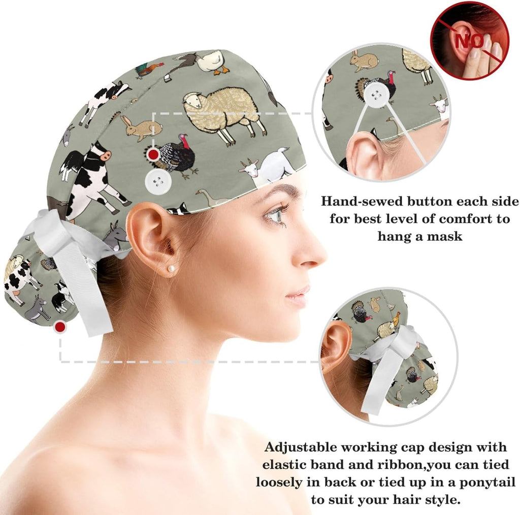 Adjustable Farm Animals Pig Cow Women Bouffant Cap with Buttons Scrub Hat for Woman