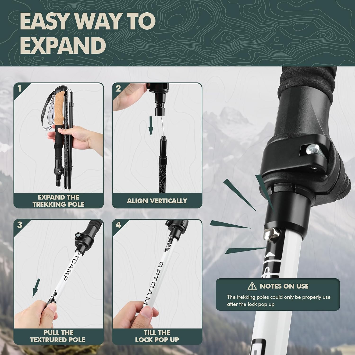Folding Trekking Poles 7075 Aluminum Lightweight for Travel | Cork grip EVA sleeve, metal quick lock, wrist strap