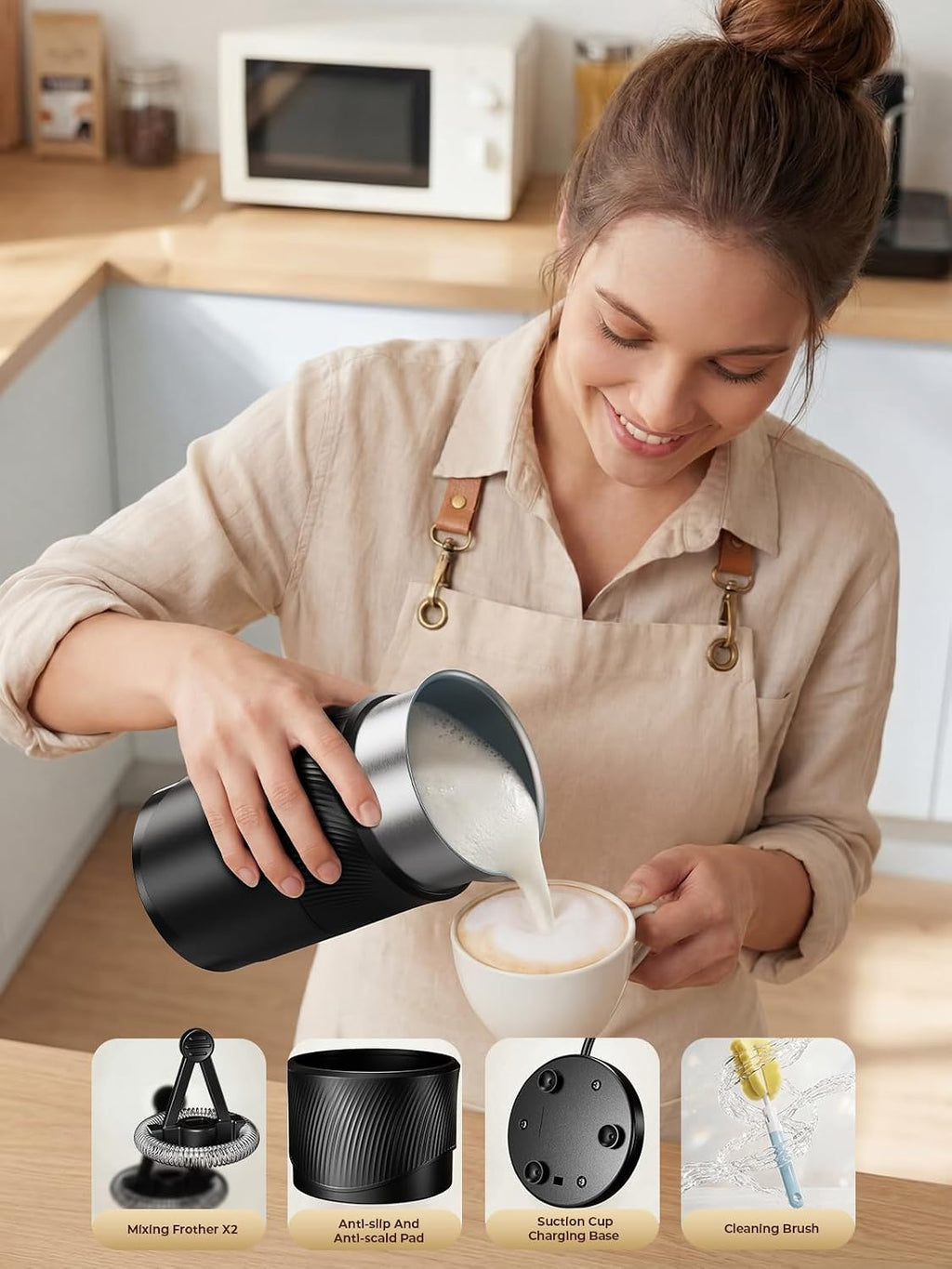 350ml Electric Milk Frother: 4-in-1 Hot & Cold - Grayish Black | 450W Milk Steamer With 180ml Foam, Under 55dB For