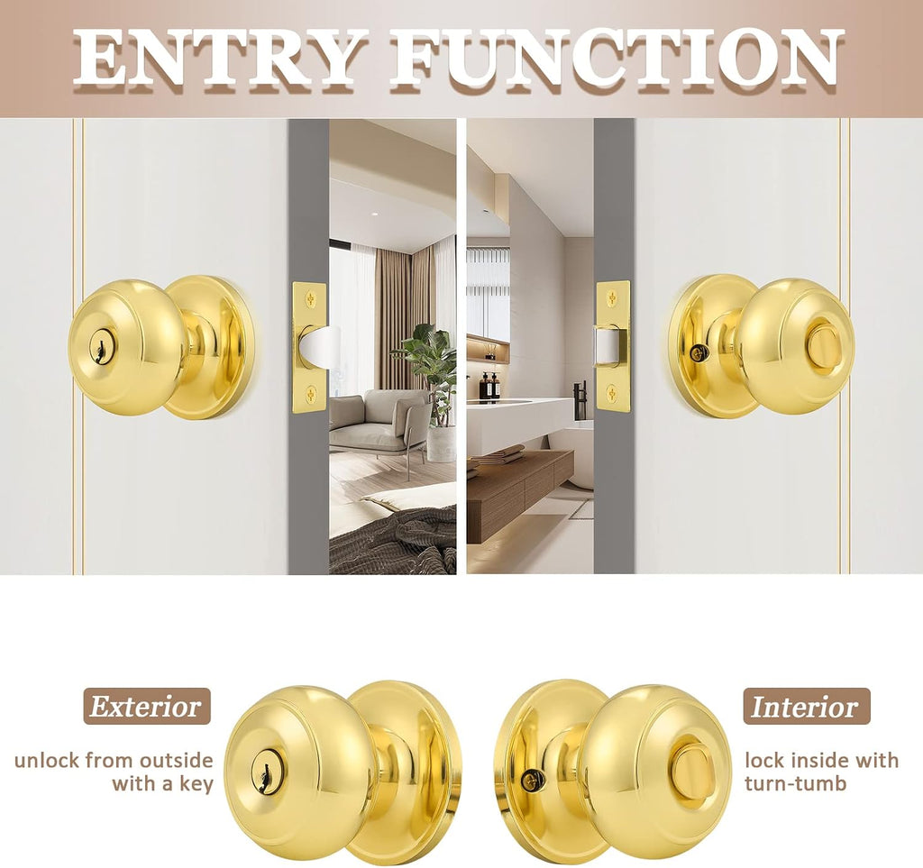 Entrance Door Knobs Door Lock Keyed Alike Lockset Polished Brass Same Key Round Ball Entry Door Knobs Pack of 2