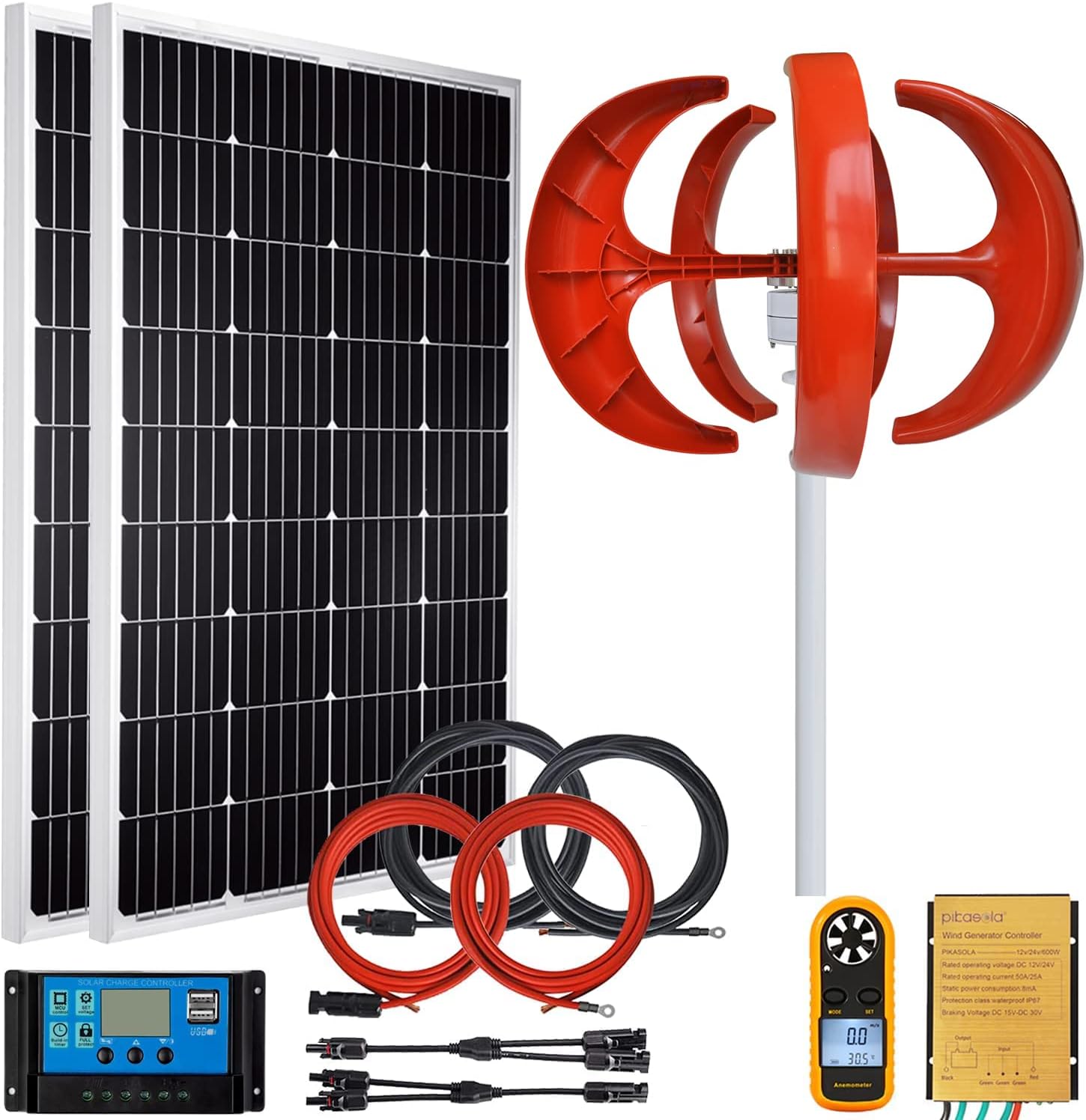 Wind Turbine Vertical Axis Generator 200W12V + 2 PCS 100W 12V Monocrystalline Solar Panel Kits Suit for RV Marine