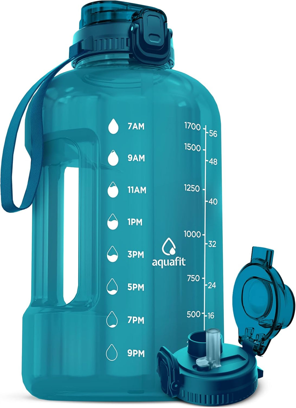 Half Gallon Water Bottle with Time Marker, 2in1 Lid | BPA Free 64 oz Water Jug with 2in1 Straw and Chug Lid