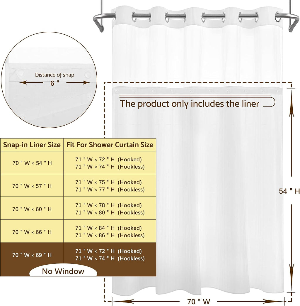 70x54 Snap-in Shower Curtain Replacement Liner White | 2 Bottom Magnets, Fabric, Removable, Water Repellent, Machine