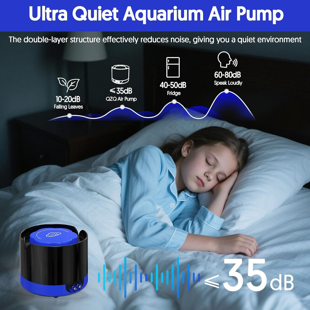 Aquarium Air Pump, Quiet Fish Tank Air Pump with Dual Outlets, 3W/5W Powerful Adjustable Oxygen Pump with