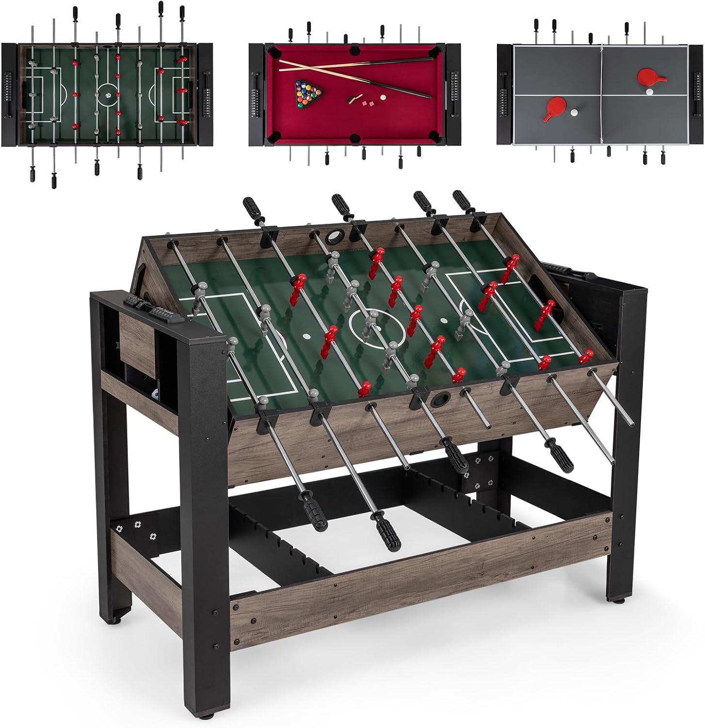 3-in-1 Swivel Game Table, 49'' Combo Game Table with Foosball, Pool Billiards & Table Tennis for Adults, Indoor