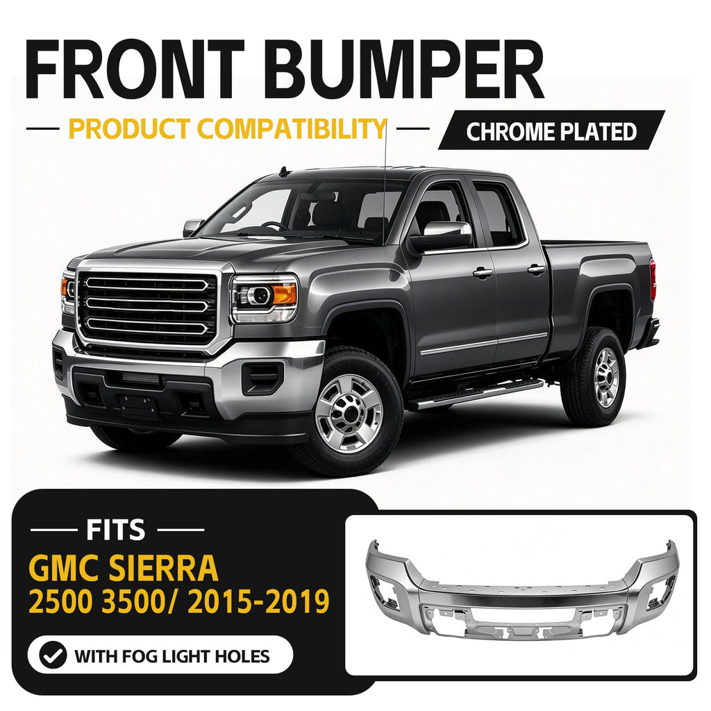 PENSUN Split Front Bumper Fit for 2015-2019 GMC Sierra 2500 3500, Chrome