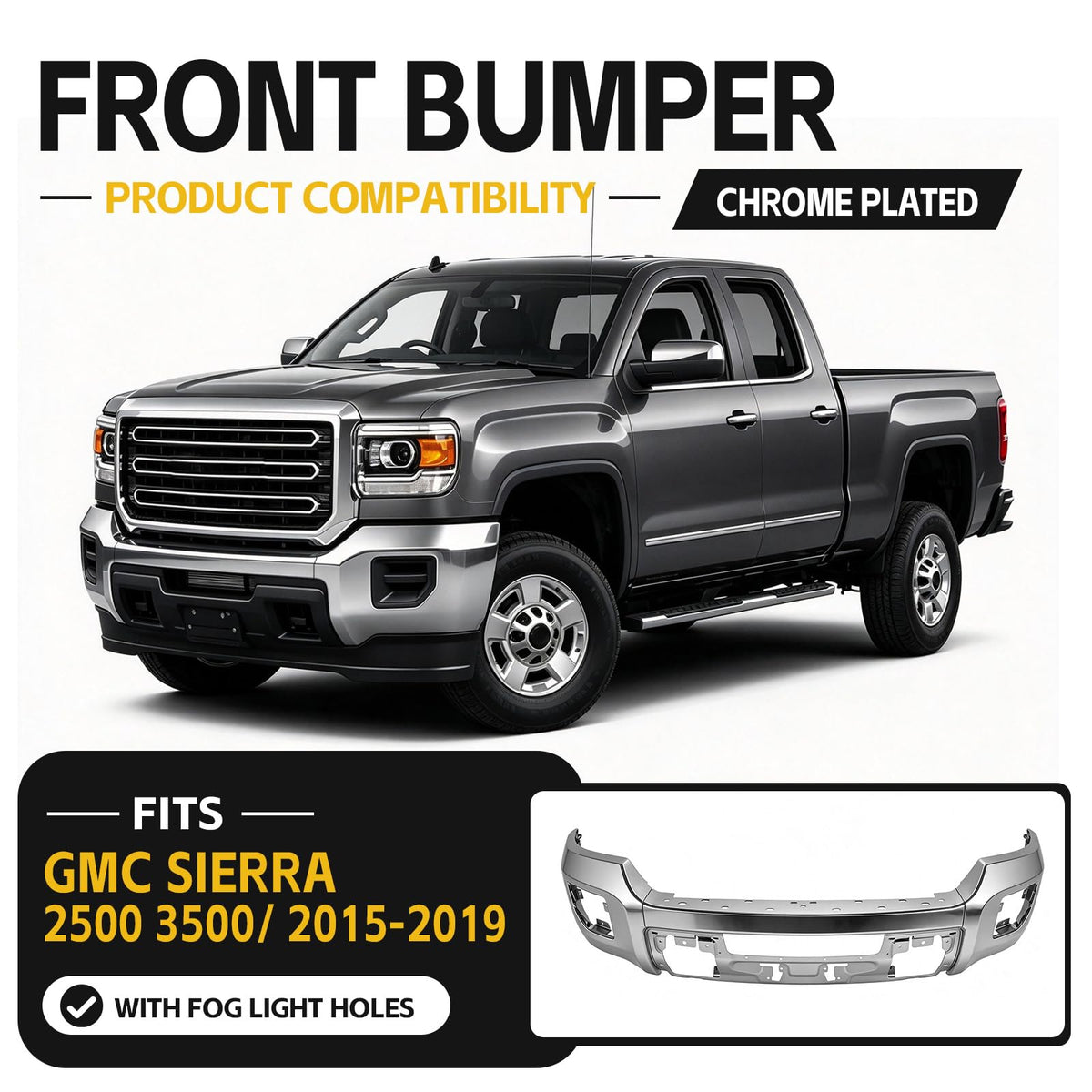 PENSUN Split Front Bumper Fit for 2015-2019 GMC Sierra 2500 3500, Chrome