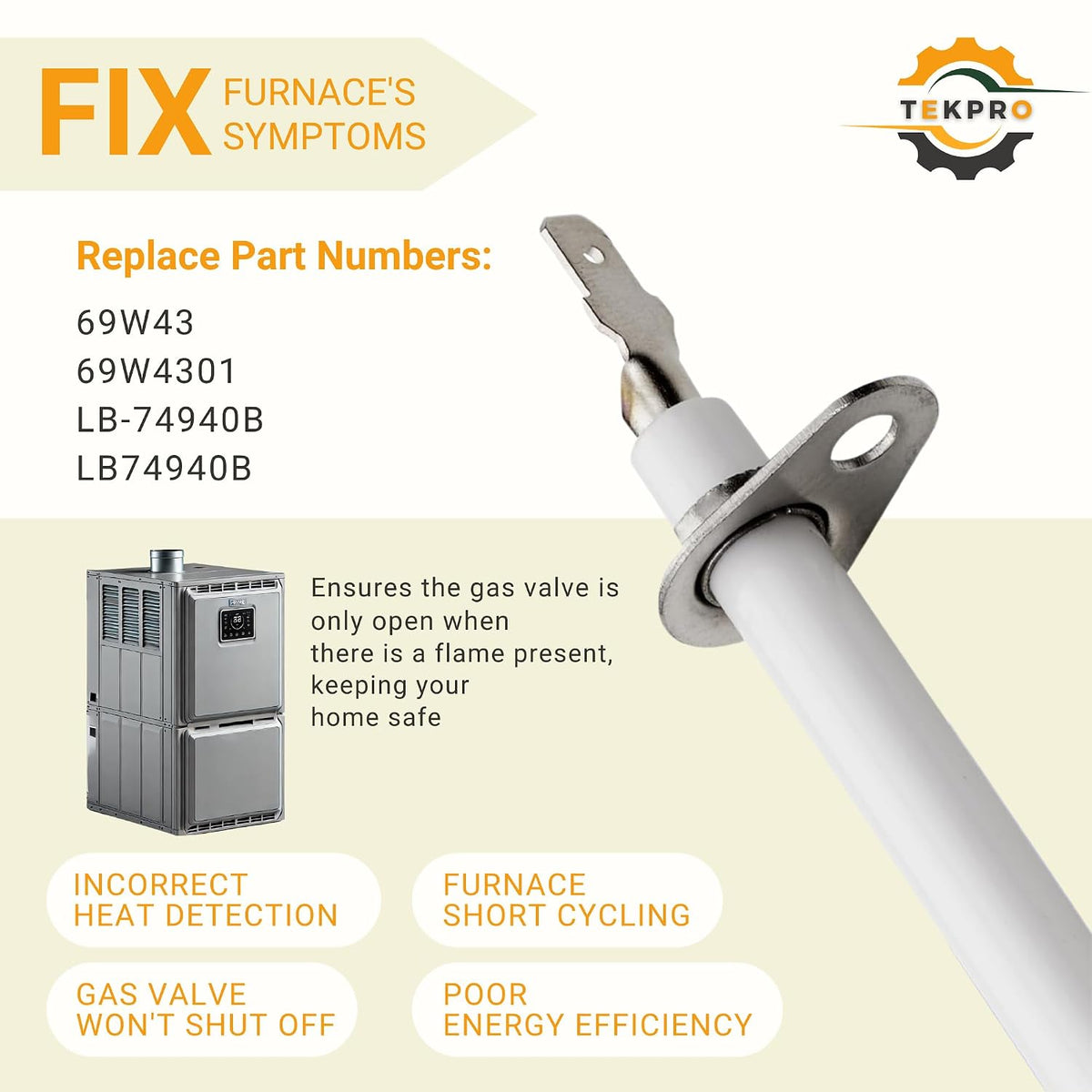 69W43 Flame Sensor, Fits Lennox EL180/ML18UH, Ducane & Armstrong, 1-Pack