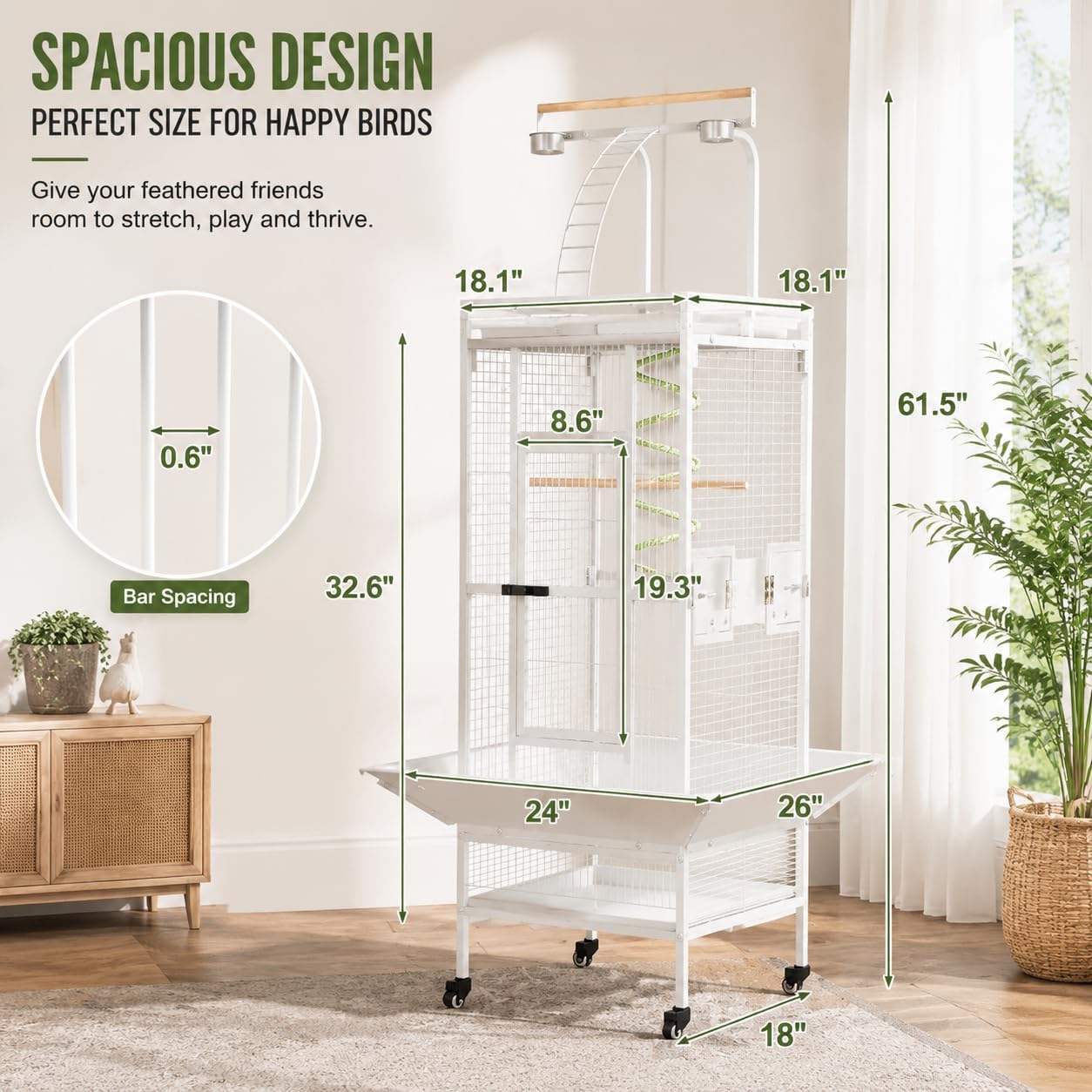 61 Inch Wrought Iron Large Bird Cage with Rolling Stand, Heavy-Duty Parakeet Cage with Pull-Out Tray and Wheels