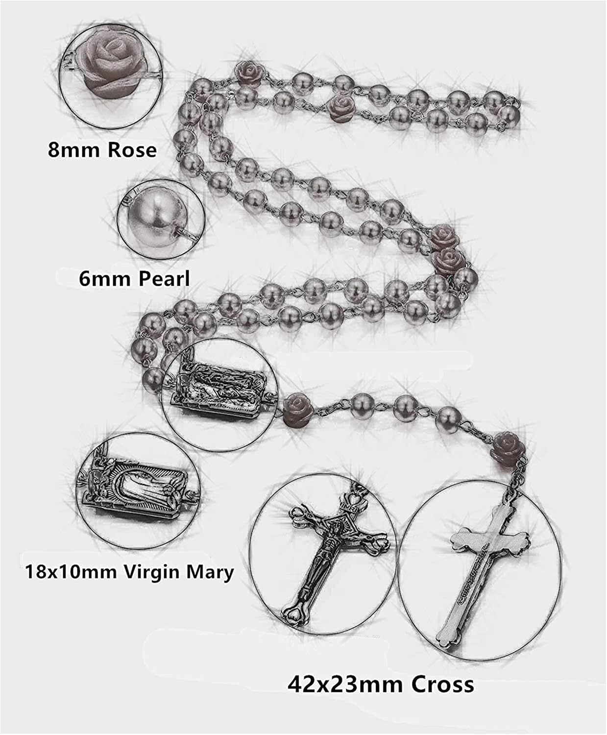 Rosary Beads Catholic Necklace Holy Soil Medal Cross Crucifix with Metal Box and 18pcs Prayer Cards