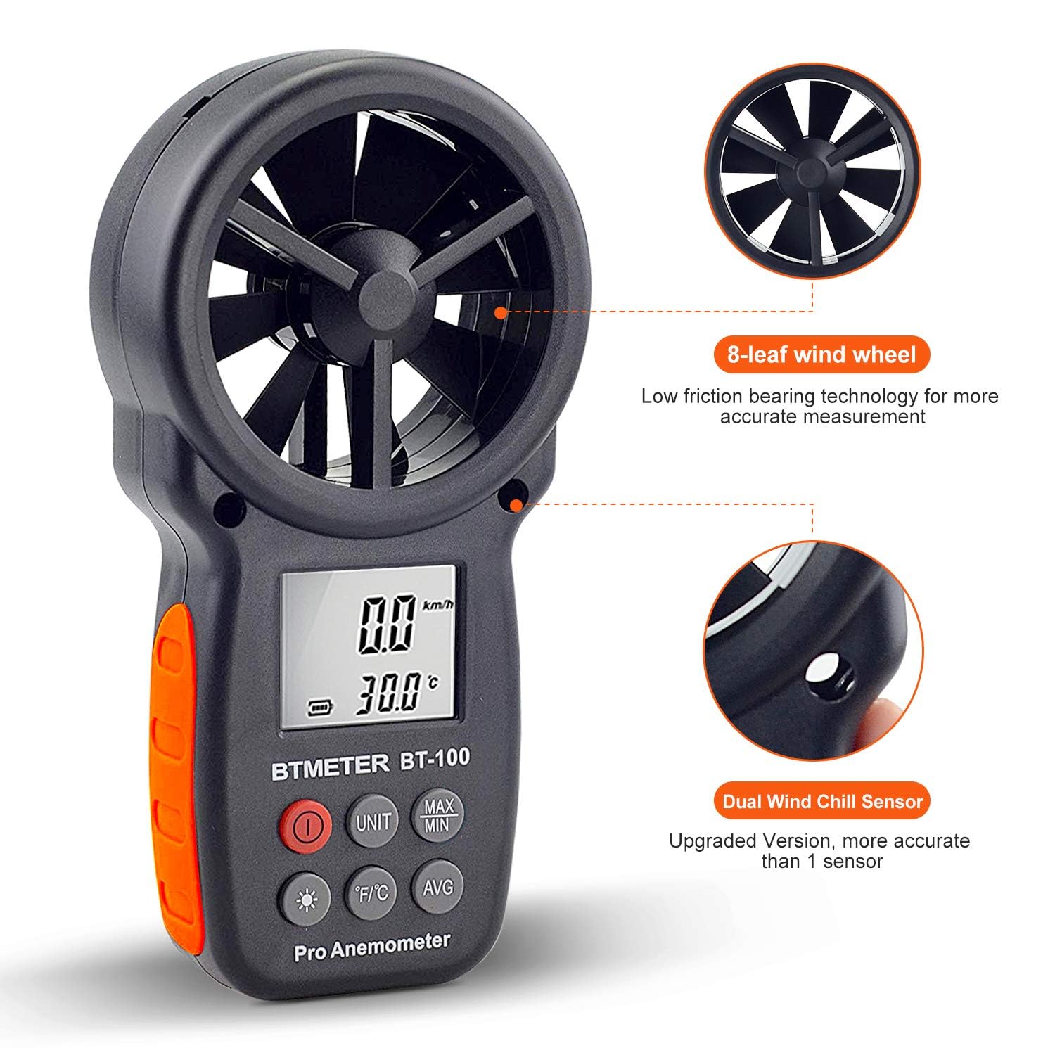 BT-100 Handheld Anemometer, Digital Wind Speed CFM Meter Gauge Air Flow Velocity Tester for HVAC Shooting Drone, Wind