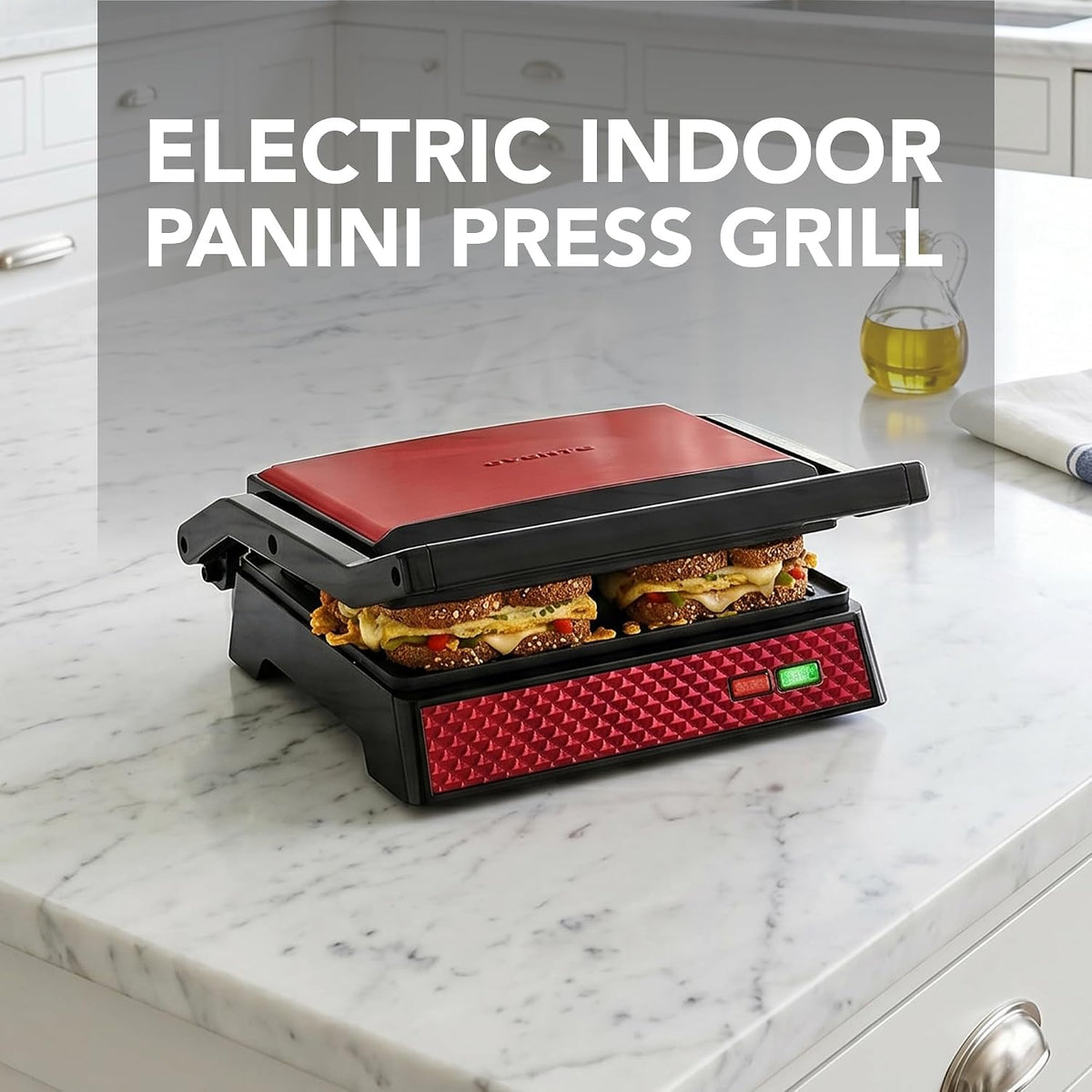 Electric Indoor Panini Press Grill + Sandwich Maker, Red GP0620R