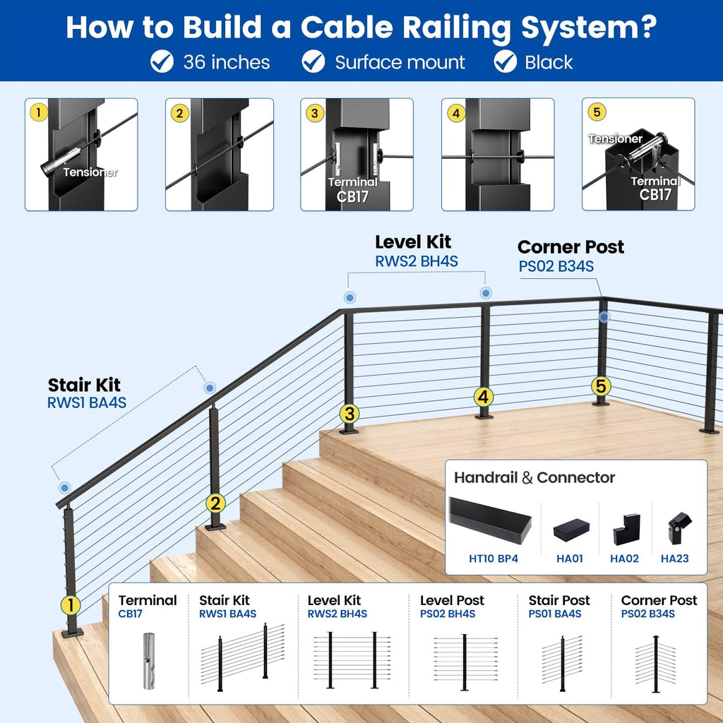 36" Black Cable Railing Post Surface Mount Angle Drilled PS01 BA4S