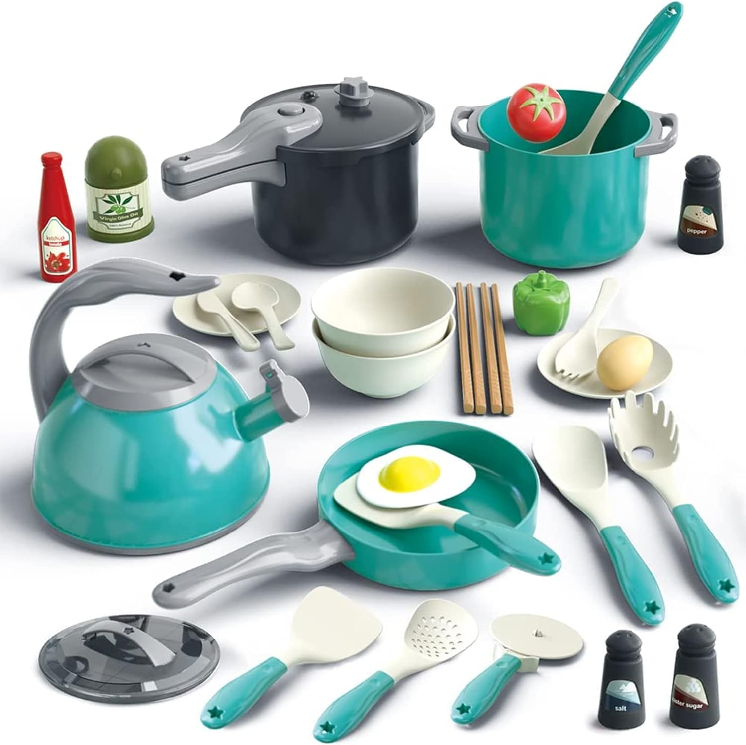 32Pcs Kids Play Kitchen Toys Set, Toddlers Pretend Cooking Playset Acccessories with Pots Pans, Utensils Cookware