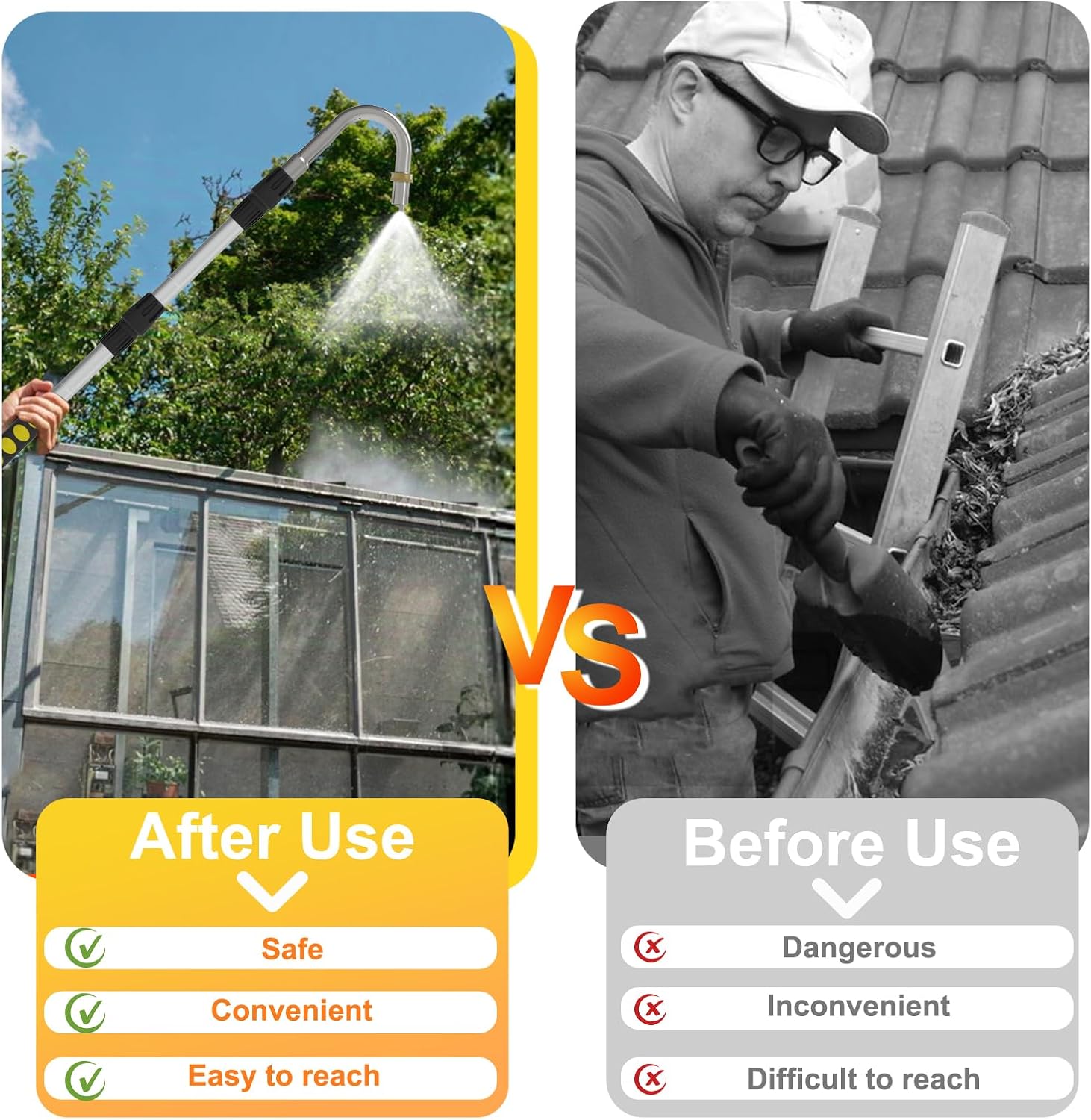 Gutter Cleaning Tools from The Ground, 24FT Reach Rain Cleaner with Bendable Wand and Quick Connect Adapter for