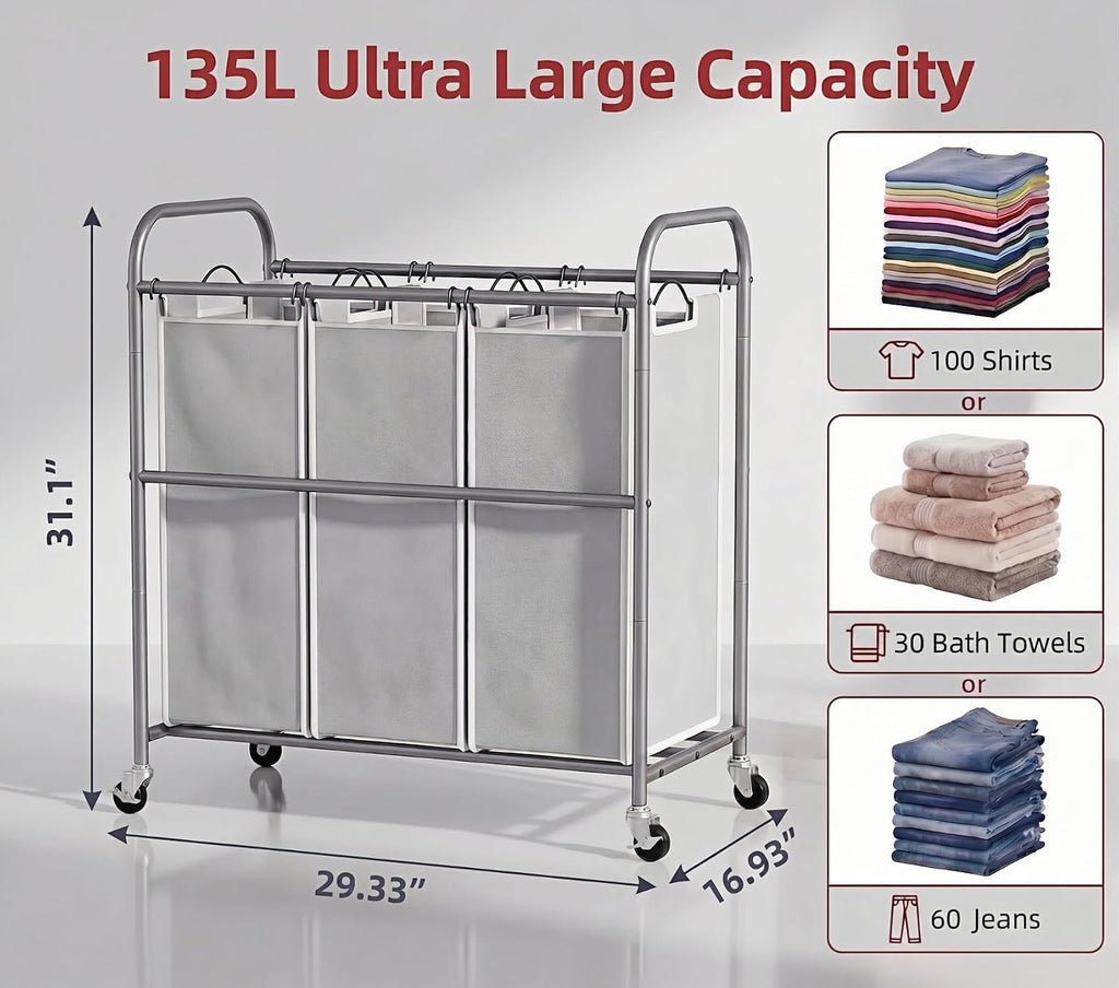 Laundry Sorter Hamper 3 Section, Divided Laundry Basket Organizer | Rolling Clothes Hamper with Heavy Duty Lockable