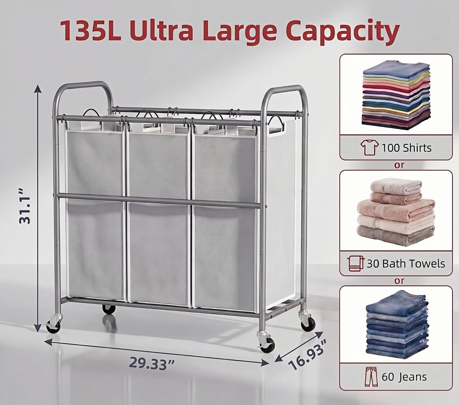 Laundry Sorter Hamper 3 Section, Divided Laundry Basket Organizer | Rolling Clothes Hamper with Heavy Duty Lockable
