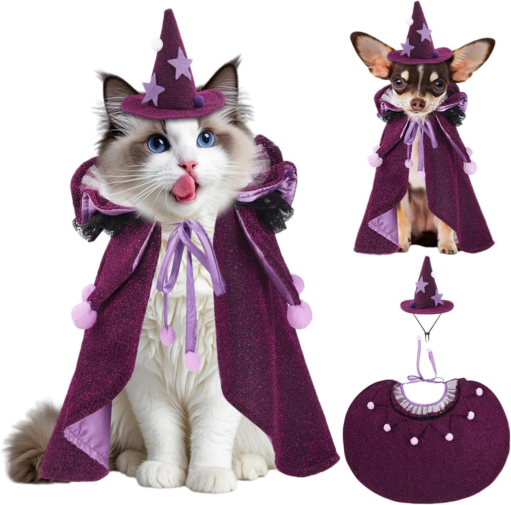 Halloween Cat Costumes, Small Purple Cat Wizard Cape Adjustable Pet | Halloween Wizard Cloak for Little Dogs Cats
