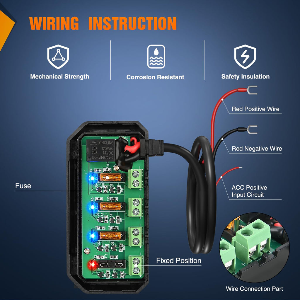 12V Motorcycle Fuse Box 20A Low Profile Terminal Block Holder w/LED Indicator 4 Circuits Protection Battery Relay for