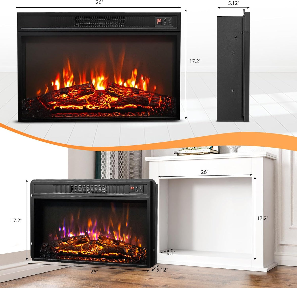 26" Electric Fireplace Inserts with Remote Control, 1400W Recessed Stove Heater with 8H Timer, 6 Flame Colors, 5