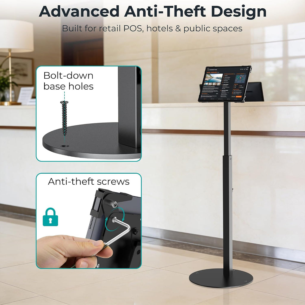 Anti-Theft iPad Kiosk Stand, Adjustable Tablet Floor Stand for POS Checkout | Security Display Mount for Business