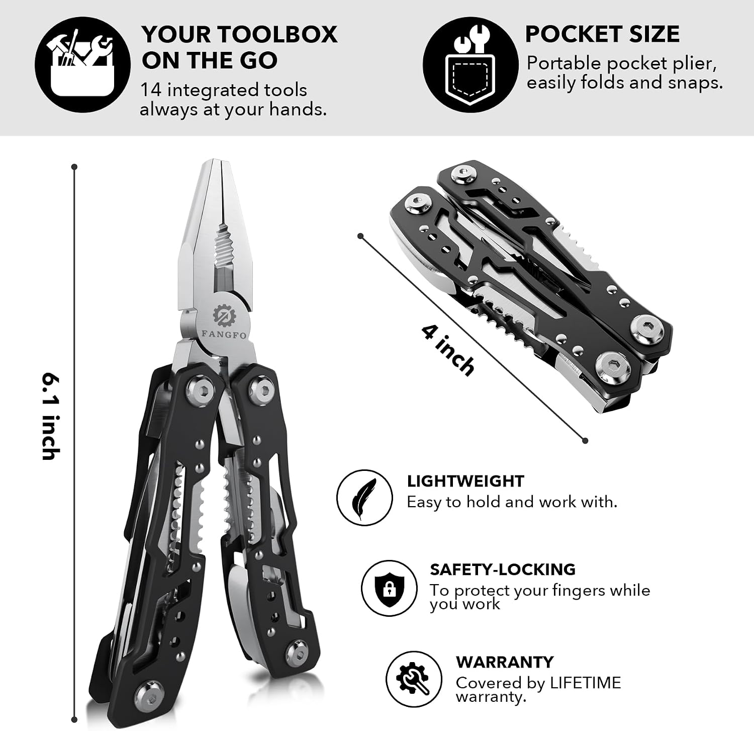 14-In-1 Multitool with Safety Locking, Professional Stainless Steel Multitool Pliers Pocket Knife, Bottle Opener