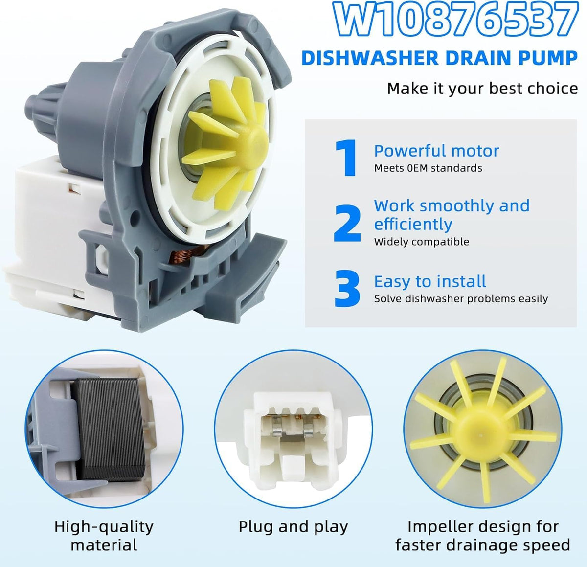 W10876537 Dishwasher Drain Pump Fit for Whirl-pool may-tag Ken-more