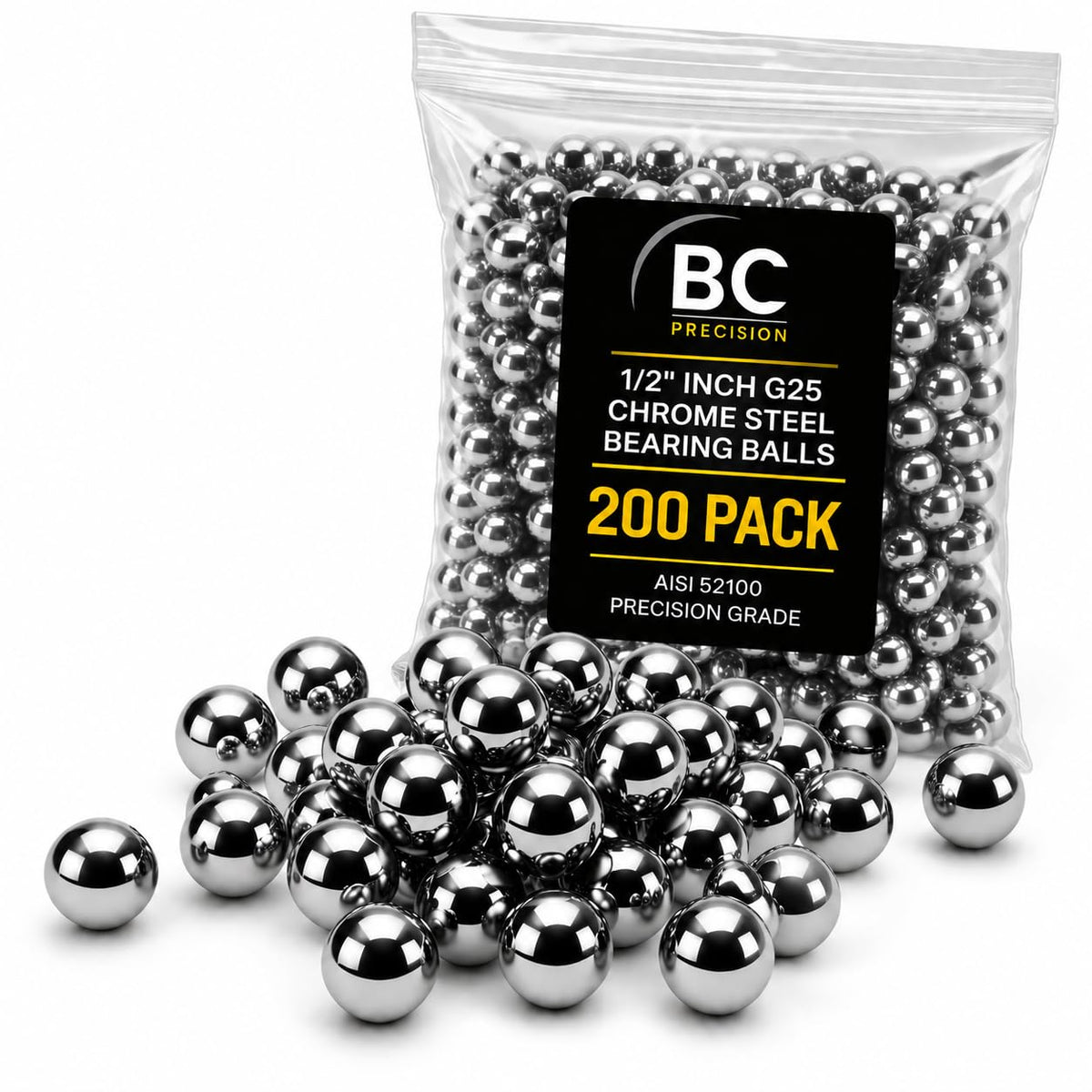 BC Precision 1/2" Chrome Steel Bearing Balls G25 (0.50"), 200 Pack