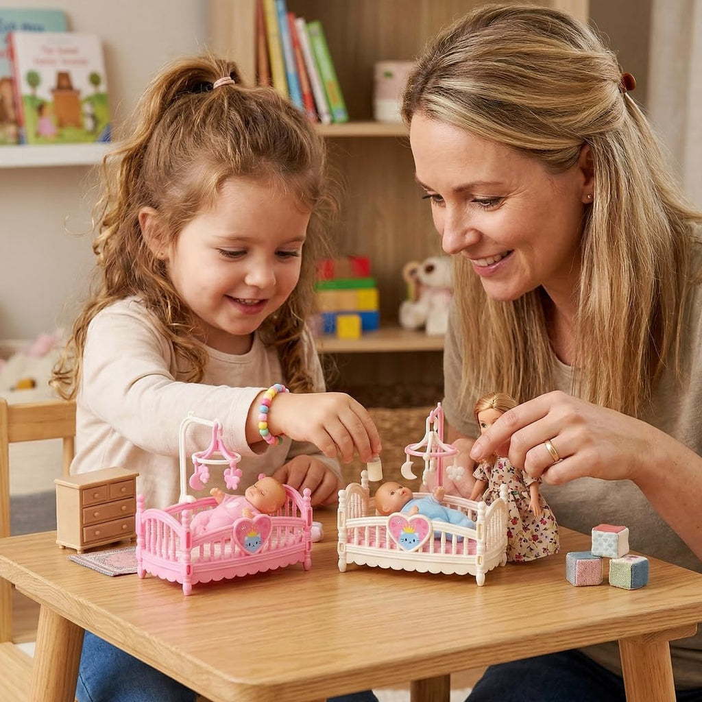 2pcs Mini Doll Cribs, Miniature Doll Beds Dollhouse Crib with Mobile for Mini House Furniture Set Miniature Dollhouse