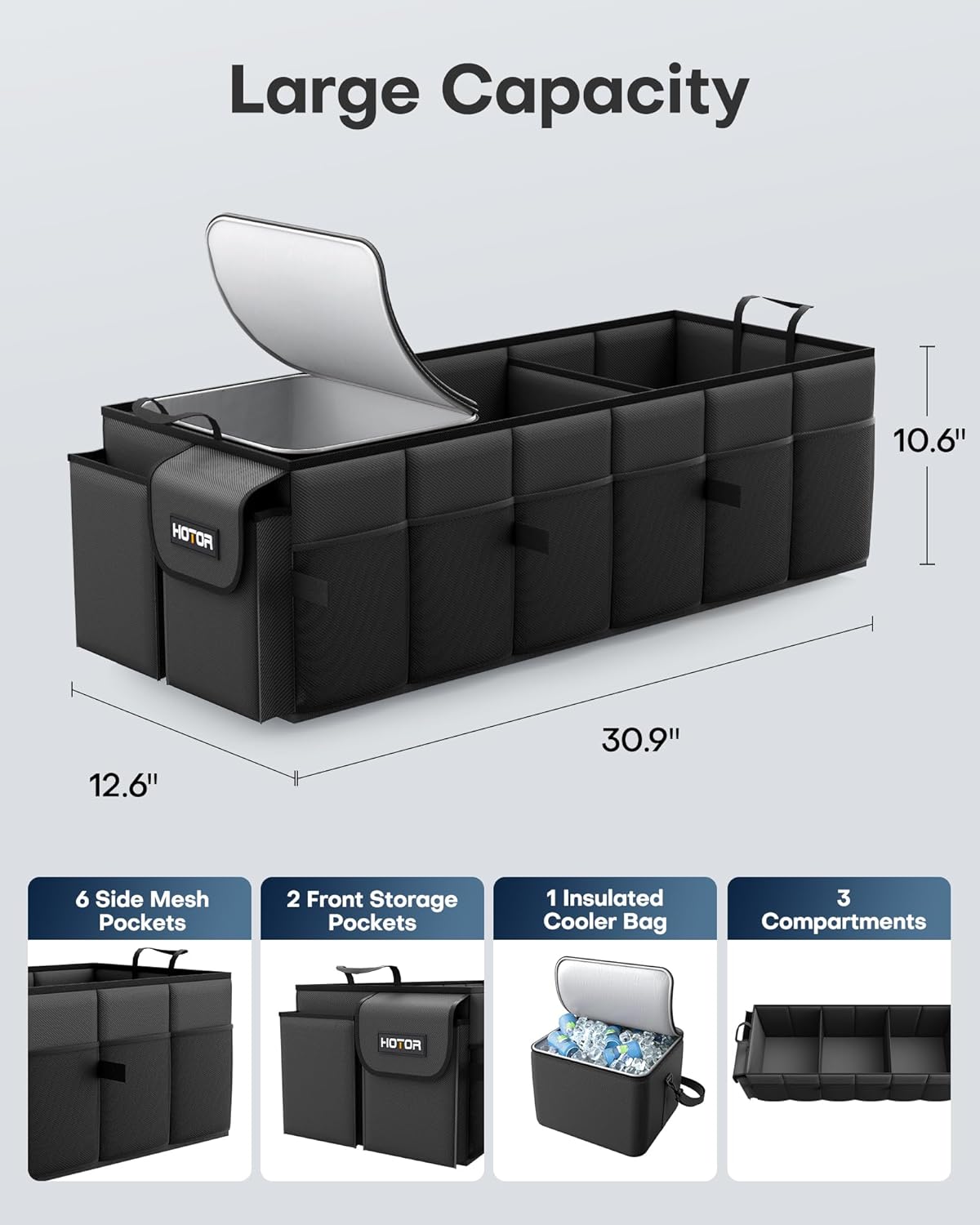 Trunk Organizer, Sturdy Foldable with Cooler for Car & SUV, 3 Compartments, Black, 30.90”×12.60”×10.63”