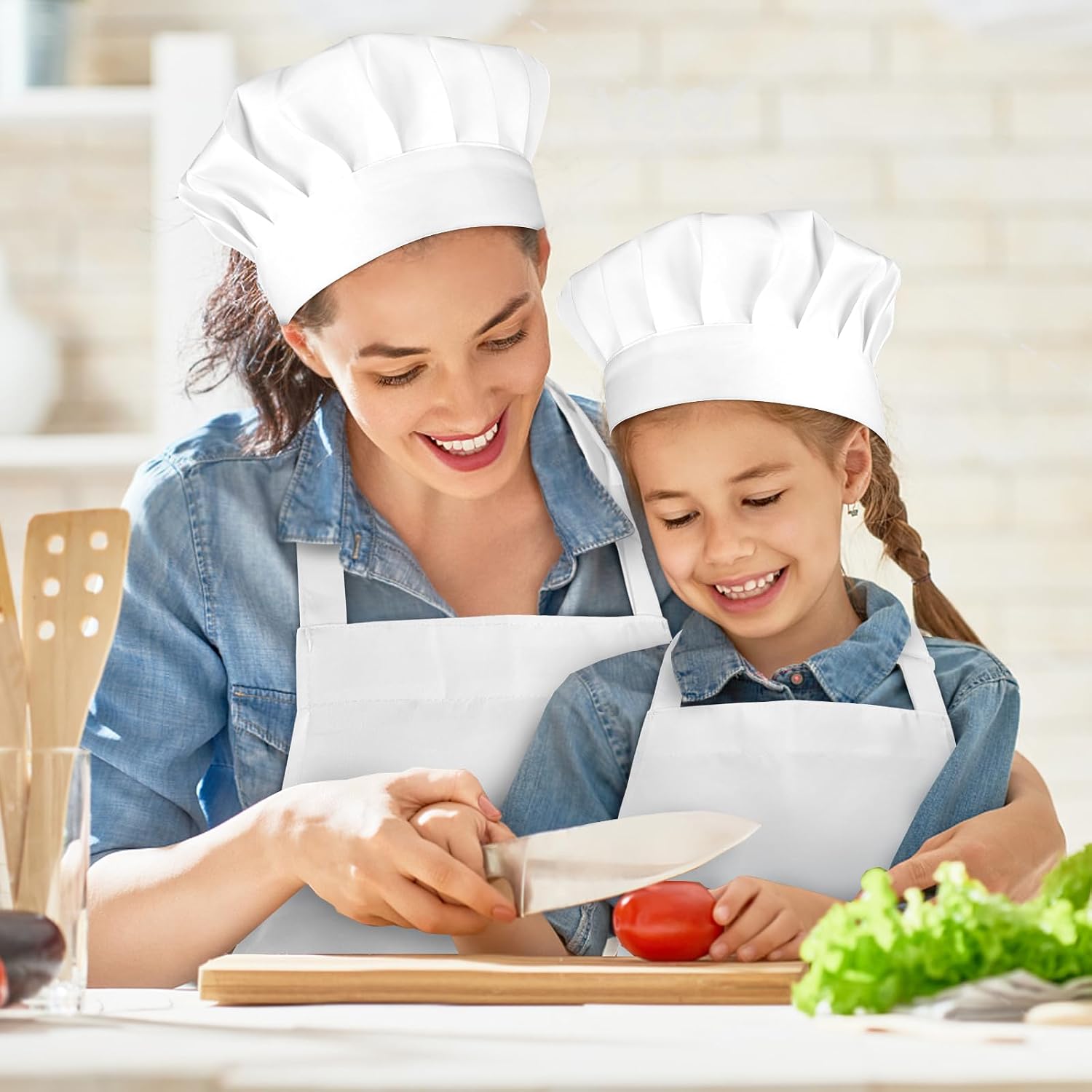 White Chef Hat and Apron, Adjustable Chef Costume Set, Kitchen Cooking Baking Apron with 2 Pockets for Men and Women